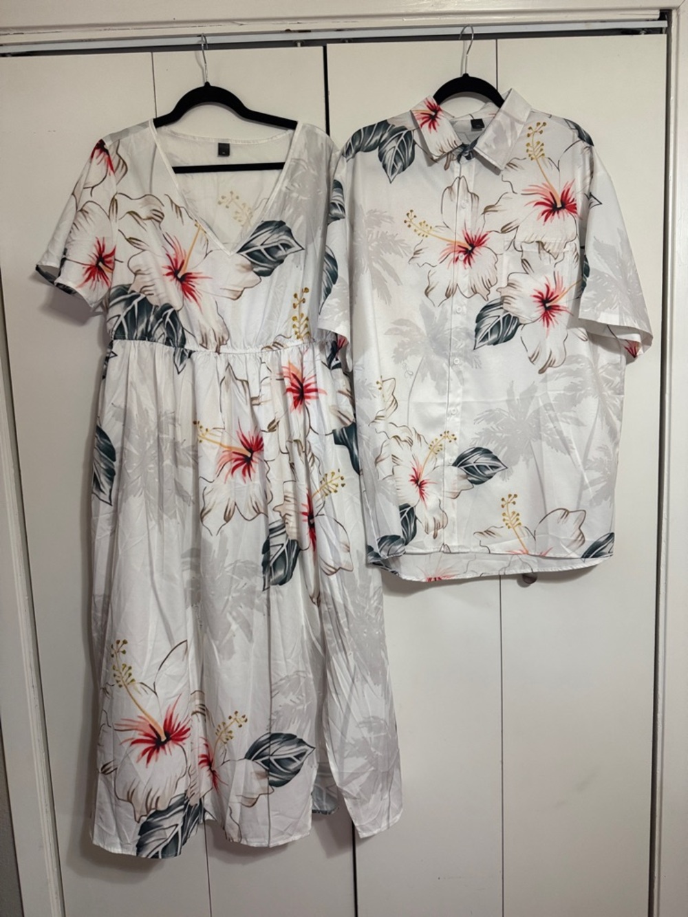 🌺Crisp White Hawaiian Couples Outfit Men’s XXL Shirt and Matching XL Maxi Dress🌺